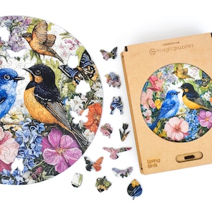 Spring Birds Wooden Jigsaw Puzzle for Adults and Kids | Laser Cut Premium Wood | Animal Shaped 3D Puzzle Pieces | Unique Gift