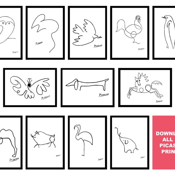 12 Pablo Picasso Animal Prints - Hund Pinguin Flamingo Huhn Taube Schmetterling Schwein Kamel Elefant Maus Eule - Sofortiger Download