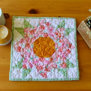 Flower Mini Quilt, Summer Wall Decor, Pink and Green Art, Unique Housewarming Gift, Nursery Decor, Handmade Placemat, Centerpiece, Runner