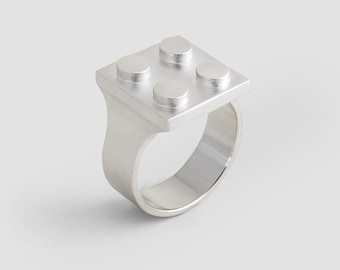 Signet Ring in 925 Sterling Silver / Multi Brick Signet Ring/ Compatible with Lego-Bricks / Colorful Minimalist Ring