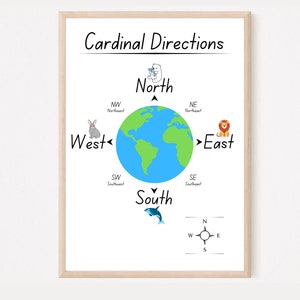 May include: A framed print titled "Cardinal Directions" features a world map with North, South, East, and West labeled. Cute animal illustrations, including a polar bear, lion, rabbit, and dolphin, point to each direction. The print also includes a compass rose.