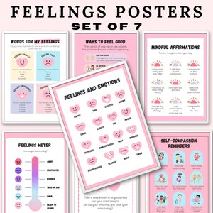 Conjunto de 7 carteles sobre sentimientos, cuadro de emociones, decoración para el aula de educación en el hogar, rincón de calma, zonas de regulación, carteles de aprendizaje socioemocional