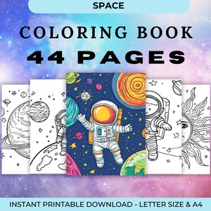 May include: A coloring book with 44 pages featuring space-themed illustrations. The cover shows an astronaut floating in space surrounded by planets and stars. The text "SPACE COLORING BOOK 44 PAGES" is printed in black on a light blue background.