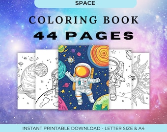May include: A coloring book with 44 pages featuring space-themed illustrations. The cover shows an astronaut floating in space surrounded by planets and stars. The text "SPACE COLORING BOOK 44 PAGES" is printed in black on a light blue background.