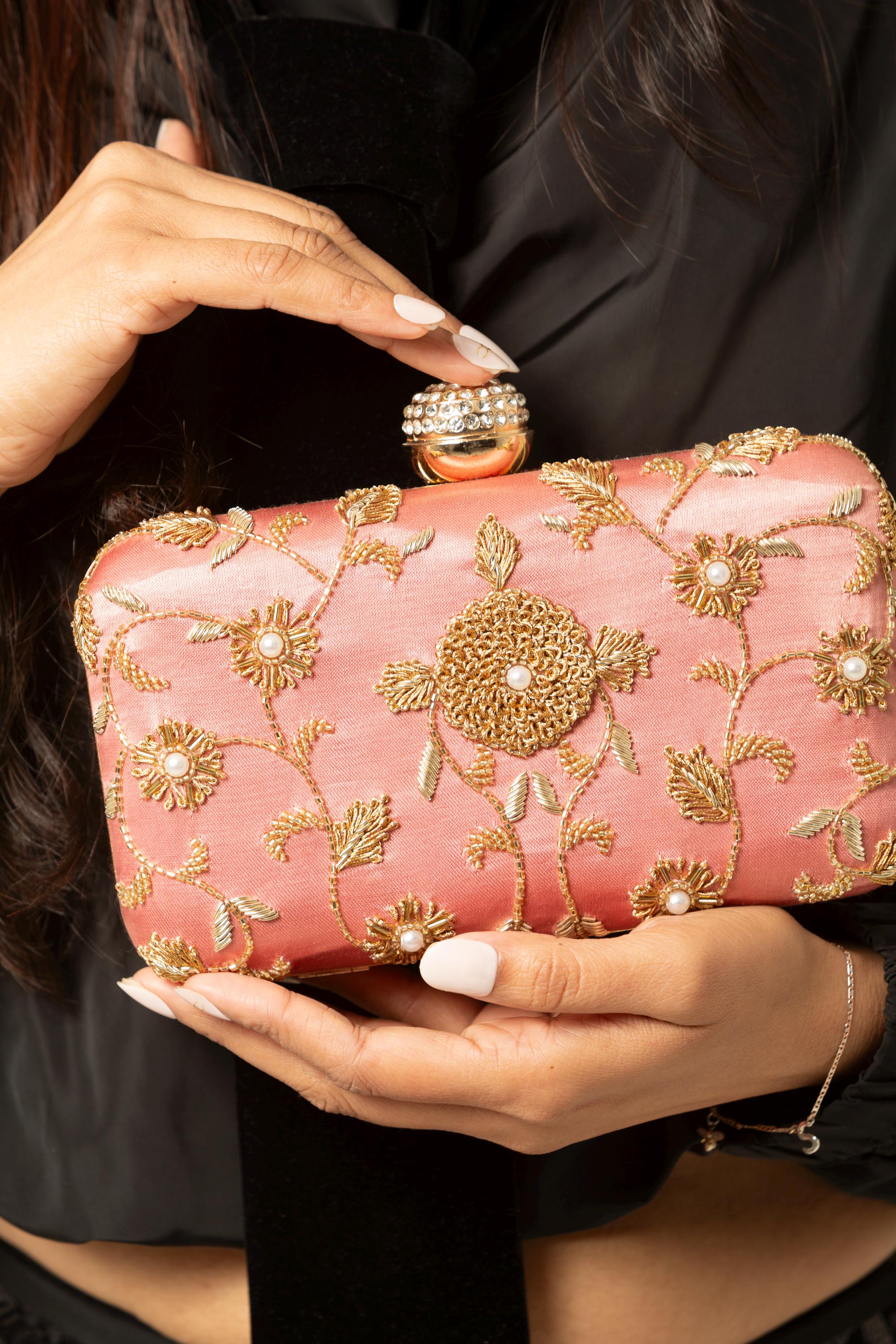 Peony Clutch- Pink Boho Hand Embroidered Clutch, Pink Evening
