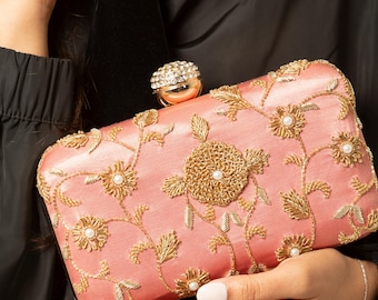 Peony Clutch- Pink Boho Hand Embroidered Clutch, Pink Evening Clutch, Gold Embellished Clutch, Bridal Clutches, Gifts Mom, Floral Clutch