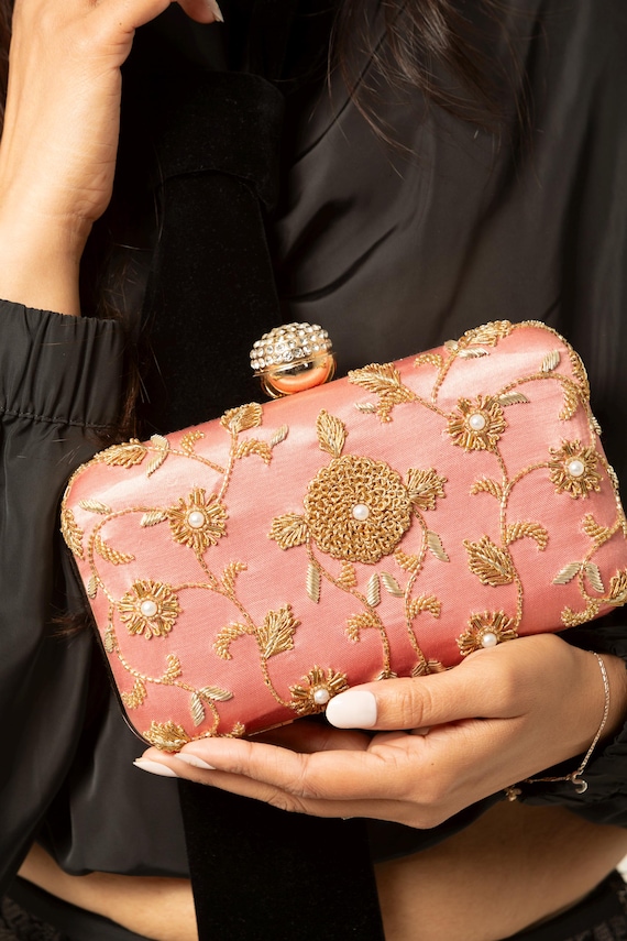 Peony Clutch- Pink Boho Hand Embroidered Clutch, Pink  display picture 3