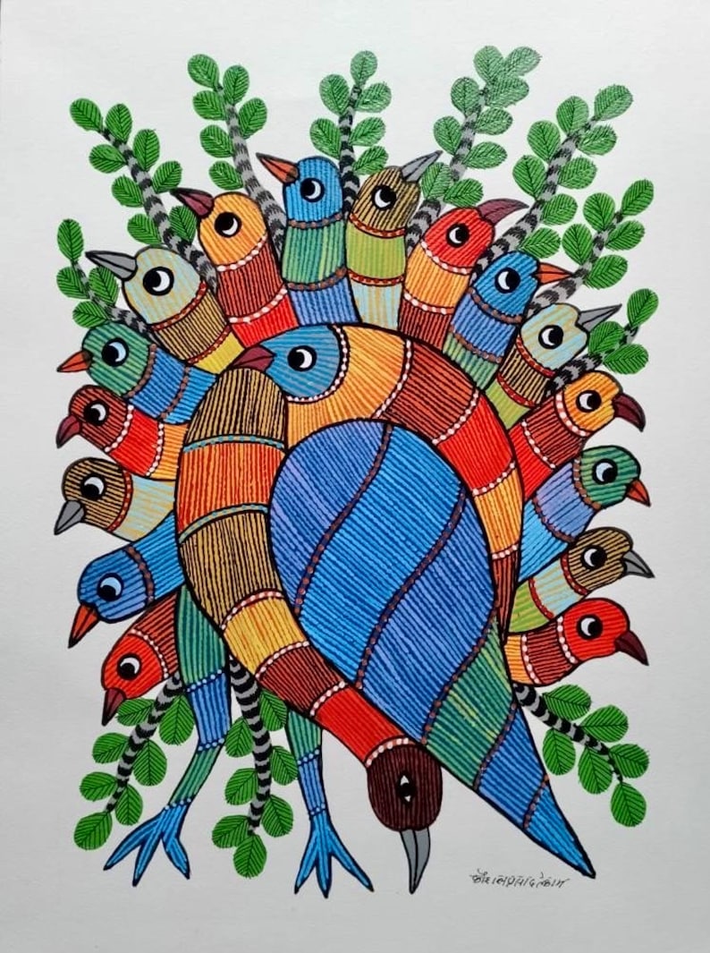 Peacock Gond Art Painting- Unframed main image 1