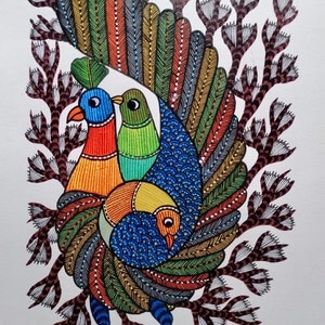 Peacock or Peahen Gond Art Painting- Paintings on Paper, Art from India, Boho Art, Bright and Colorful Art, Bird Paintings, Jungle Art Color