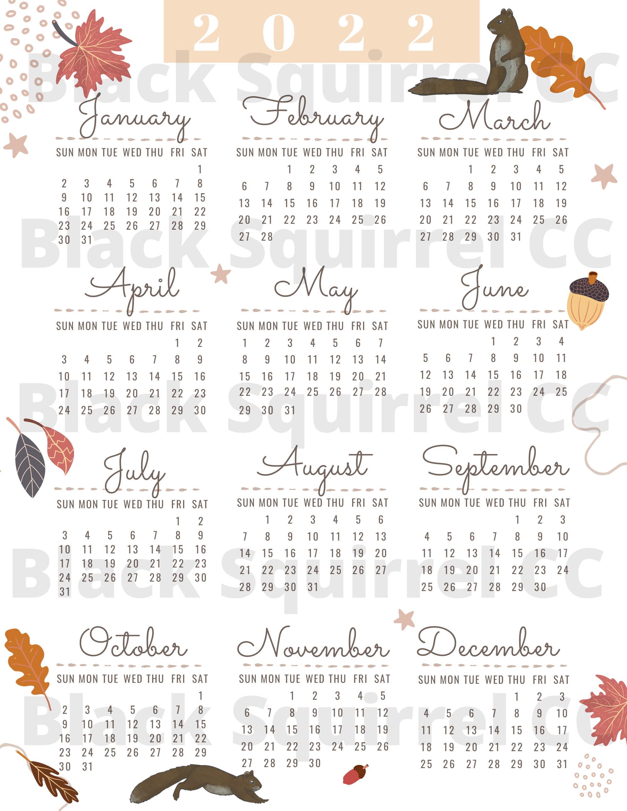digital download printable calendar 2022 calendar squirrel calendar