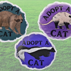 Adopt a Cat pack, Opossum, Skunk, and Raccoon Vinyl Stickers