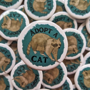 1.5&quot; Pin back button, Raccoon Pin, Adopt a Cat, Street Cat, Trash Panda