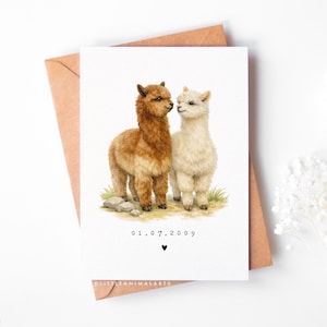 Personalised alpaca couple anniversary card with custom date, romantic animal greeting card for husband, wife or partner, wedding date keepsake card featuring two alpacas in love, luxury fine art printed card on textured cardstock with kraft envelope, cute animal couple illustration for anniversary gift, relationship card, wedding memory card, unique personalised love card for her or him.