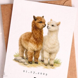 Personalised alpaca couple anniversary card with custom date, romantic animal greeting card for husband, wife or partner, wedding date keepsake card featuring two alpacas in love, luxury fine art printed card on textured cardstock with kraft envelope, cute animal couple illustration for anniversary gift, relationship card, wedding memory card, unique personalised love card for her or him.
