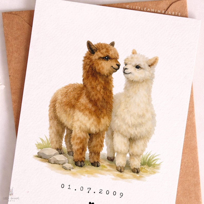Personalised alpaca couple anniversary card with custom date, romantic animal greeting card for husband, wife or partner, wedding date keepsake card featuring two alpacas in love, luxury fine art printed card on textured cardstock with kraft envelope, cute animal couple illustration for anniversary gift, relationship card, wedding memory card, unique personalised love card for her or him.