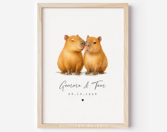 Capybara Couple Art Print • Personalised Valentines Day Anniversary Gift for Husband Wife • Cute Boyfriend Girlfriend Custom Wedding Artwork