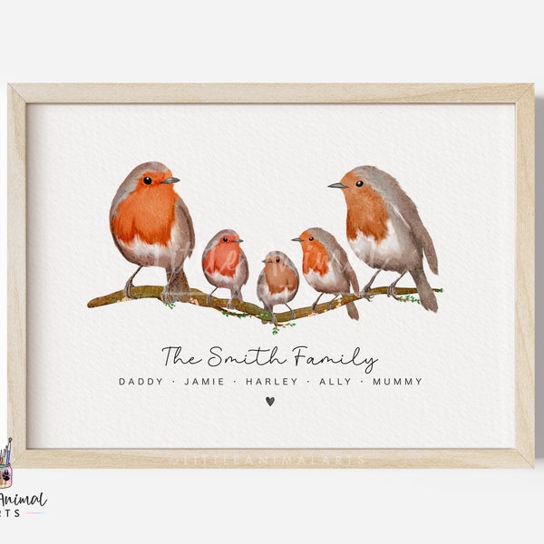 Robin Family Art Print | animal family print, personalised family print, bird family print, british bird family print, bird watcher gift