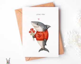 Grappige haaienvalentijnskaart • Aquarel dierenliefdekaart