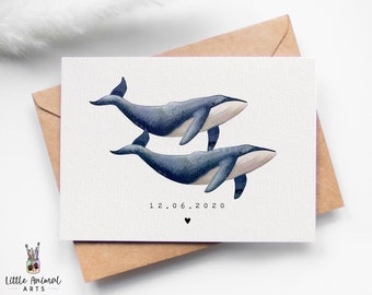 Blue Whale Anniversary Card | personalised watercolour whale card for her, valentines day card for him, ocean wedding cards