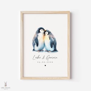 Print pinguïnpaar • Gepersonaliseerde bruiloft Valentijnsdag jubileumcadeau voor man vrouw • Schattige vriend-vriendin aangepast kunstwerk