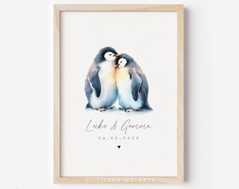 Penguin Couple Print • Personalised Wedding Valentines Day Anniversary Gift for Husband Wife • Cute Boyfriend Girlfriend Custom Artwork