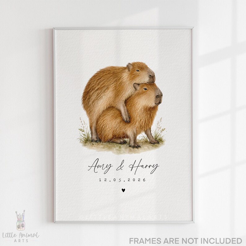 Funny capybara couple personalised print with names and date, romantic watercolour capybara artwork for couples, anniversary gift, wedding gift, husband wife present, two capybaras cuddling on a white background, playful animal couple art