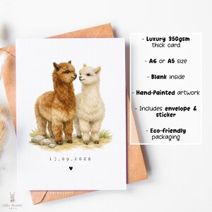 Personalised alpaca couple anniversary card with custom date, romantic animal greeting card for husband, wife or partner, wedding date keepsake card featuring two alpacas in love, luxury fine art printed card on textured cardstock with kraft envelope, cute animal couple illustration for anniversary gift, relationship card, wedding memory card, unique personalised love card for her or him.