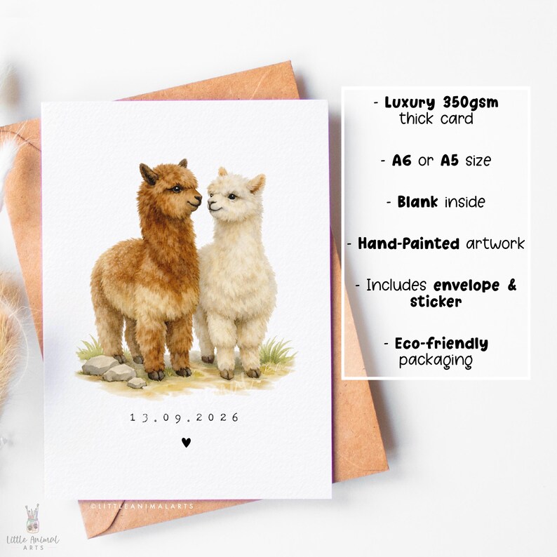 Personalised alpaca couple anniversary card with custom date, romantic animal greeting card for husband, wife or partner, wedding date keepsake card featuring two alpacas in love, luxury fine art printed card on textured cardstock with kraft envelope, cute animal couple illustration for anniversary gift, relationship card, wedding memory card, unique personalised love card for her or him.