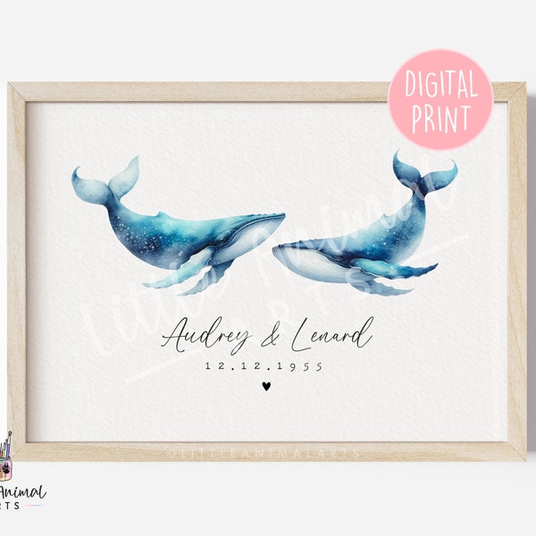 Digital Blue Whale Couple Art Print • Print at Home Personalised Anniversary Engagement Gift for Her Him • Printable Special Wedding Date