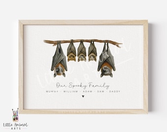 Lámina artística de familia de murciélagos • Decoración familiar personalizada para el hogar de otoño y Halloween • Regalos de animales góticos de acuarela personalizados para el Día de la Madre y el Día del Padre