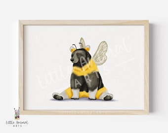 Colourful Bumble Bee Bear Wall Art Print • Cute Rainbow Watercolour Painting Style Animal • Nursery Decor Gifts for Daughter Son