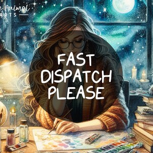 May include: A woman with long brown hair sits at a table with a cat in the background. She is wearing glasses and a brown sweater. She is painting with watercolours. The text "FAST DISPATCH PLEASE" is written in a circle around her.