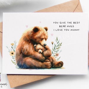 Jolie carte de fête des mères ours brun • Cadeau personnalisé de la part d'une fille et son fils • Cadeau d'anniversaire personnalisé pour bébé et maman ours