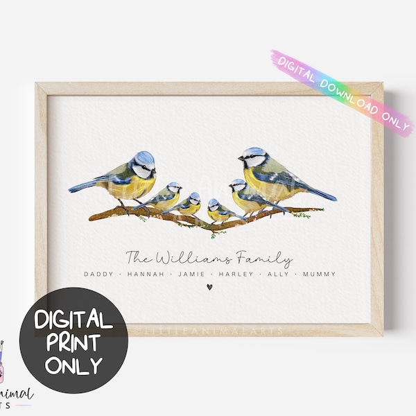 Digital Blue Tit Family Art Print | print at home personalised animal family wall decor, bird gift for mum dad, custom mothers fathers day