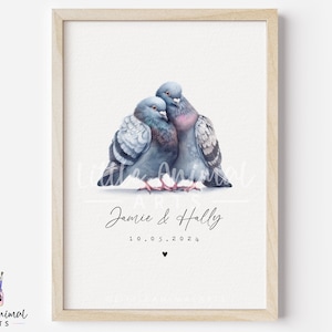 Pigeon Couple Art Print • Personalised Wedding Valentines Day Anniversary Gift for Husband Wife • Boyfriend Girlfriend Custom Artwork