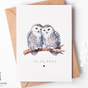 Cartão de aniversário Snowy Owl • Presente de casamento personalizado de inverno em dezembro • Celebração de 1 ano para recém-casados