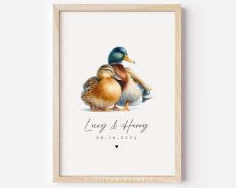 Mallard Duck Couple Print Personalised - Wildlife Love Gift - Anniversary Wedding Keepsake - Luxury Art Print A4 A5
