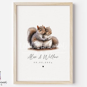 Grey Squirrel Couple Art Print • Personalised Wedding Valentines Day Anniversary Gift for Husband Wife • Boyfriend Girlfriend Custom Artwork