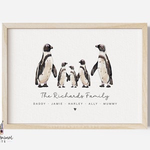 Penguin Family Art Print | animal family portrait print, custom penguin family print, mothers day gifts, gifts for dad, mother in law gifts