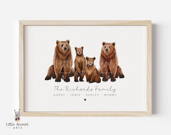 Bear Family Art Print | animal family print, personalised family print, cute bear family print, brown bear family, grisly bear family print