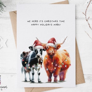 Kuh Weihnachtsgrußkarte • Personalisierte lustige Tier Wortspiel Geschenke • Festliches Bauernhof Geschenk für Ihn Sie