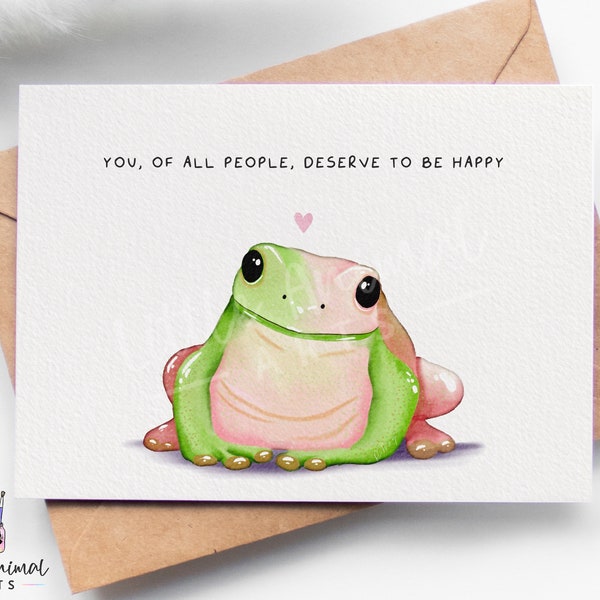 Jolie carte de voeux avec une grenouille heureuse • Carte de sympathie animale colorée à l'aquarelle • Meilleurs voeux de guérison : perte d'un animal de compagnie