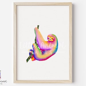 Colourful Sloth Wall Art Print • Cute Rainbow Watercolour Painting Style Animal • Nursery Decor Gifts for Daughter Son