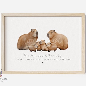 Impresión artística familiar de capibara / decoración de pared familiar de animales de granja de acuarela personalizada, regalo para mamá y papá, día de la madre y el padre personalizado