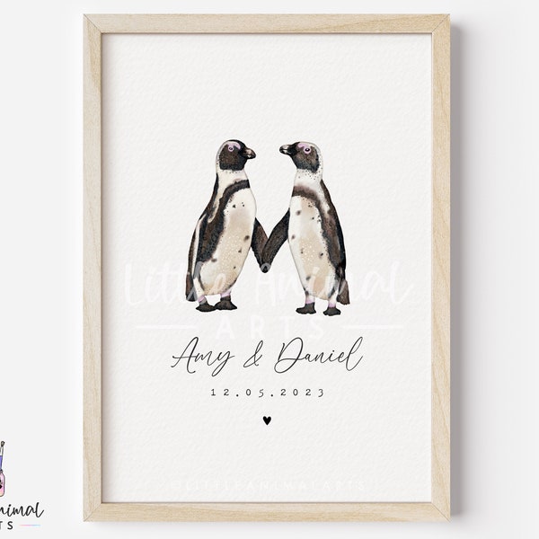 Penguin Couple Print | African black footed penguin couple print, personalised couple gift, boyfriend girlfriend print, cute penguin gifts