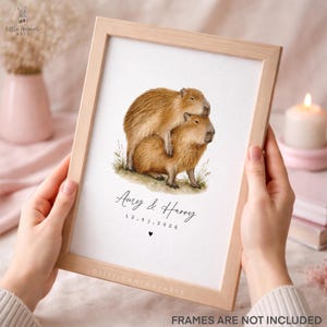 Funny capybara couple personalised print with names and date, romantic watercolour capybara artwork for couples, anniversary gift, wedding gift, husband wife present, two capybaras cuddling on a white background, playful animal couple art