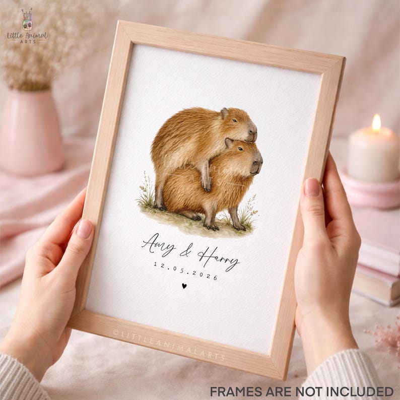 Funny capybara couple personalised print with names and date, romantic watercolour capybara artwork for couples, anniversary gift, wedding gift, husband wife present, two capybaras cuddling on a white background, playful animal couple art
