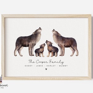 Wolf Family Art Print | animal family print, personalised family print, werewolf family print, halloween animal family print, Wolfpack print