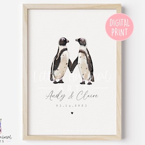 Digital African Penguin Couple Art Print • Print at Home Personalised Anniversary Engagement Gift for Her Him • Printable Wedding Date Ideas