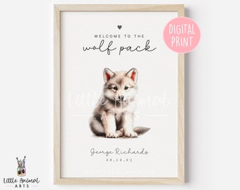 Digital Wolf Pup New Baby Art Print • Print at Home Personalised Baby Shower Gift for New Mum Dad Parents • Printable Special Newborn Decor